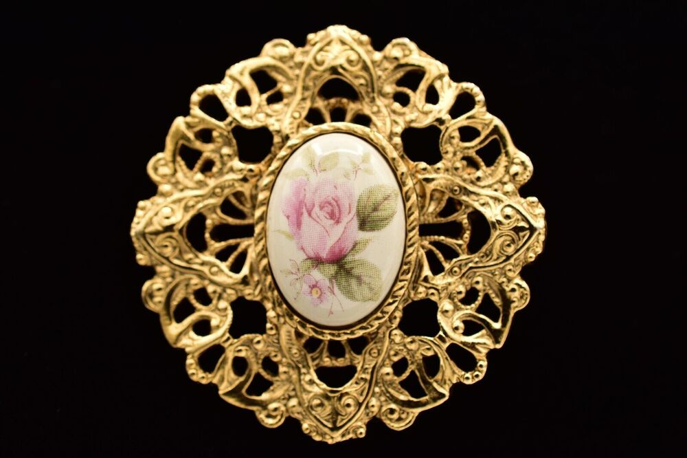 1928 Vintage Brooch Pin Rose Painted Cabochon Antiqued Gold Filigree 1980s BinBG